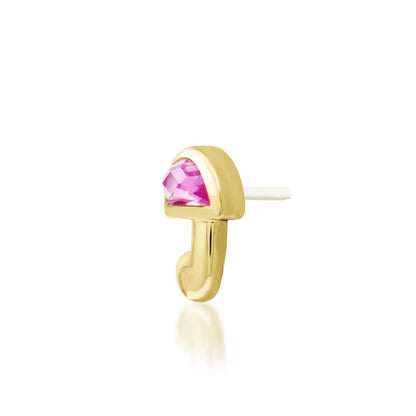Angled view of Junipurr Kinoko pink CZ mushroom threadless end in 14k yellow gold.
