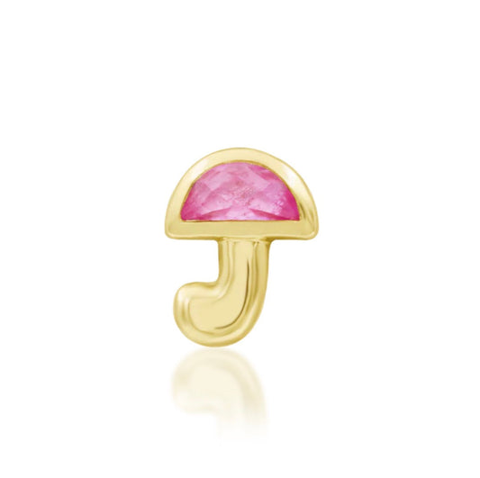 Junipurr Kinoko solid 14k yellow gold mushroom threadless end with Pink CZ, front view.
