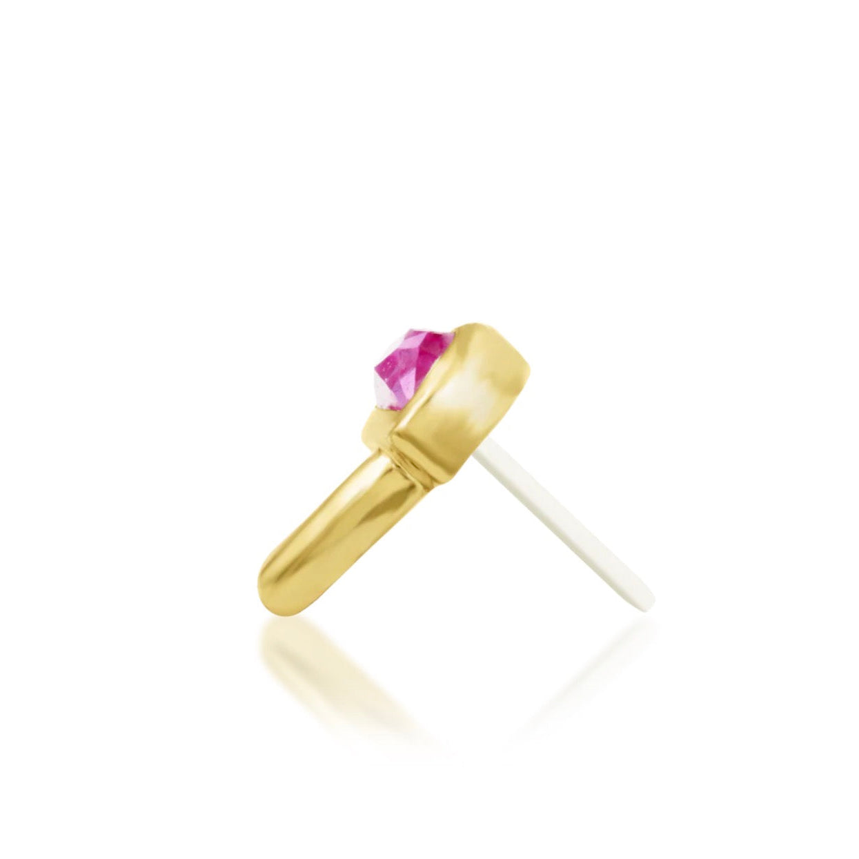 Side view of Junipurr Kinoko pink CZ mushroom threadless end in 14k yellow gold.
