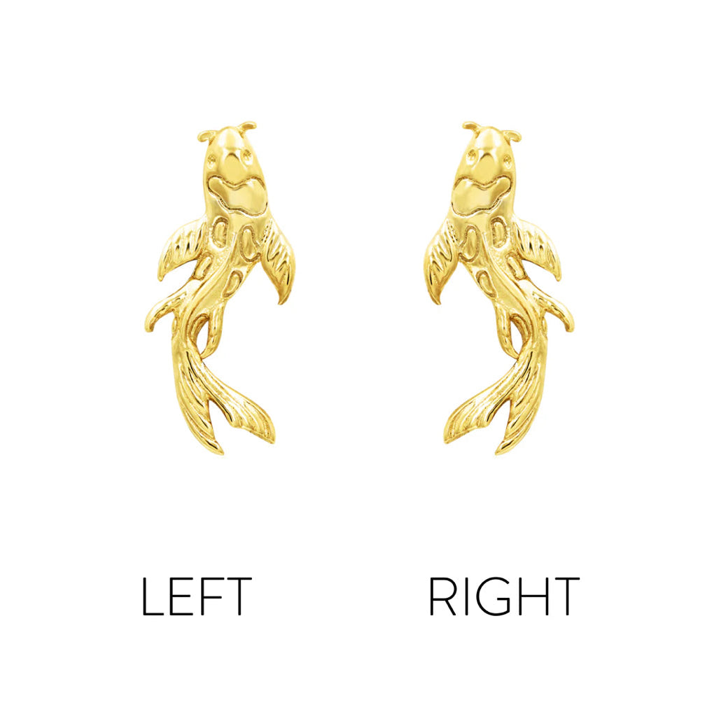 Junipurr Koi yellow gold fish-shaped jewellery shown in left and right orientations.