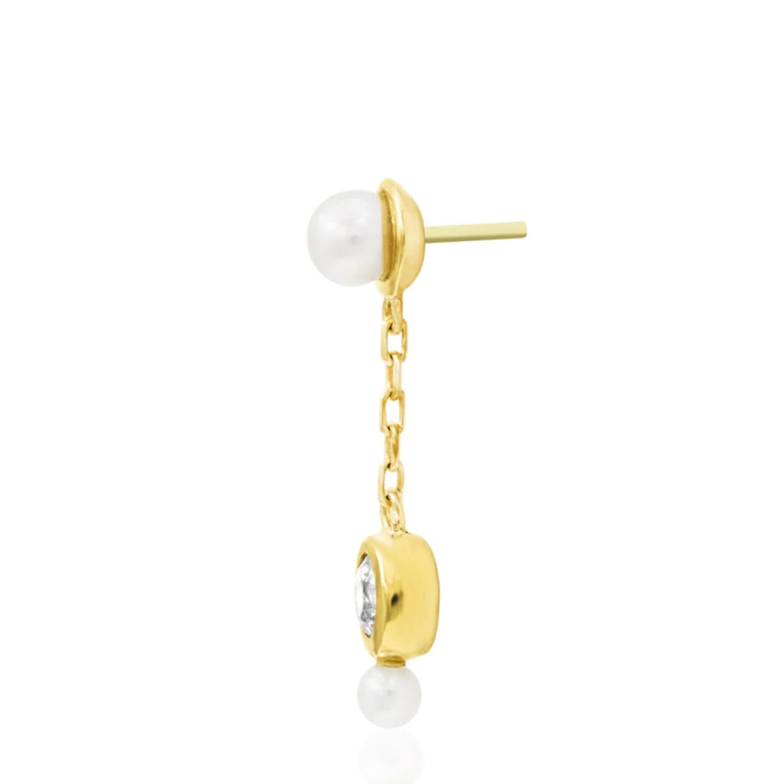 Angled view of Junipurr Lala pearl dangle threadless end in 14k yellow gold.
