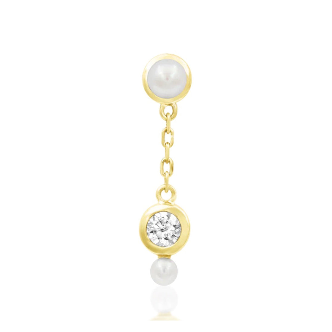 Front view of Junipurr Lala pearl dangle threadless end in 14k yellow gold.
