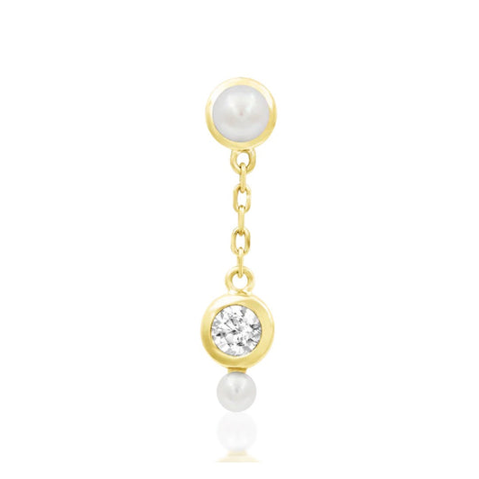 Front view of Junipurr Lala pearl dangle threadless end in 14k yellow gold.