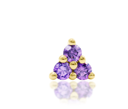 Junipurr Lanithia solid 14k gold trinity threadless end with three Amethyst CZ stones, product view.