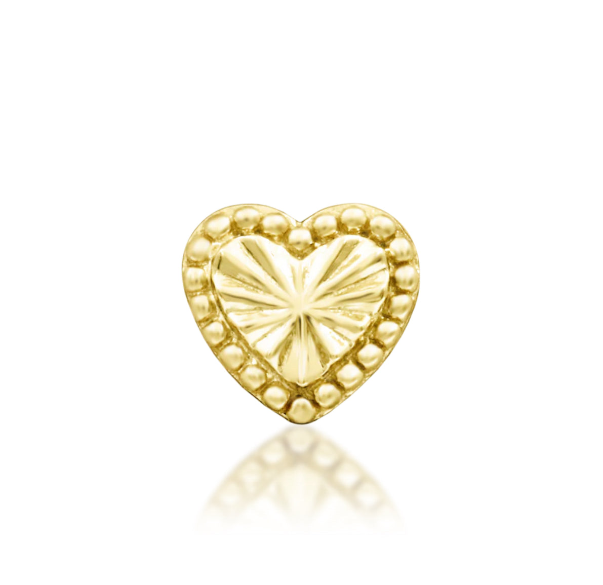 Junipurr Lara solid 14k gold threadless end with a textured heart centre and beaded border, product view.
