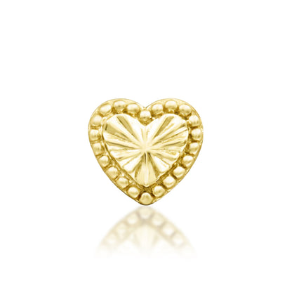 Junipurr Lara solid 14k gold threadless end with a textured heart centre and beaded border, product view.
