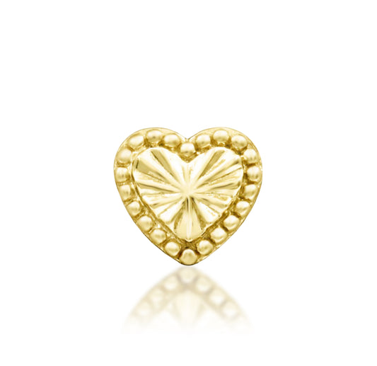 Junipurr Lara solid 14k gold threadless end with a textured heart centre and beaded border, product view.
