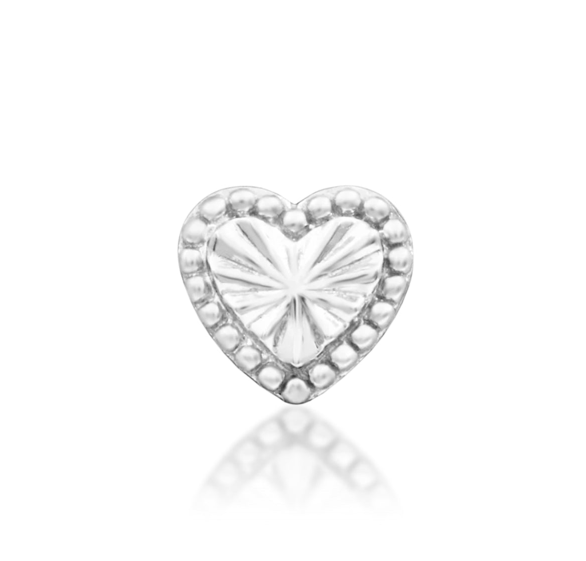 Junipurr Lara solid 14k gold heart threadless end with polished beaded detailing, product view.