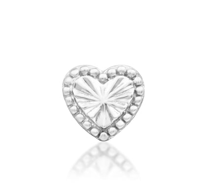Junipurr Lara solid 14k gold heart threadless end with polished beaded detailing, product view.