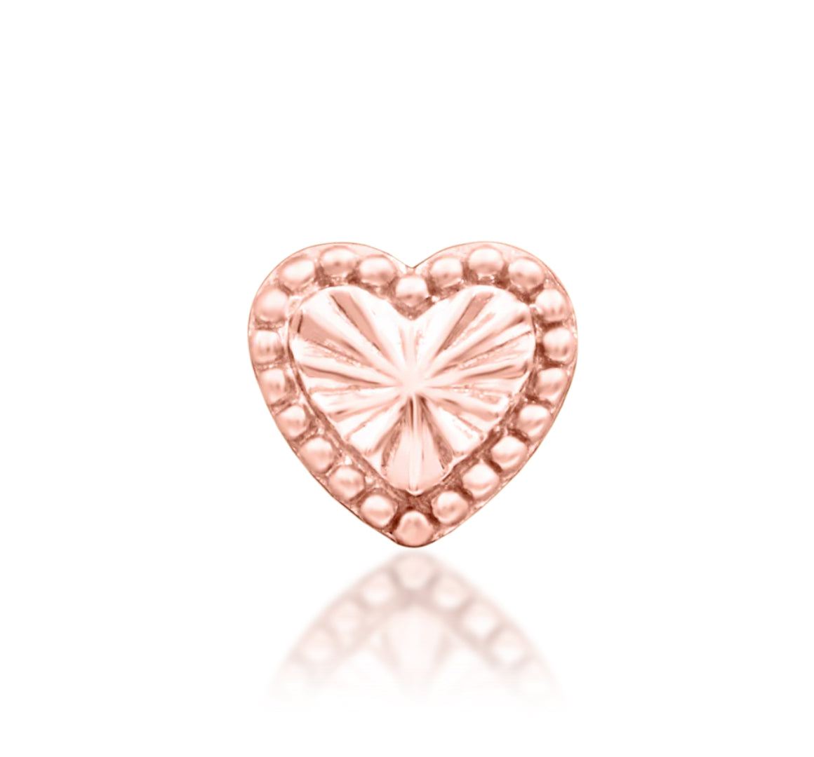 Junipurr Lara solid 14k gold gemstone-free textured heart decorative end, product view.