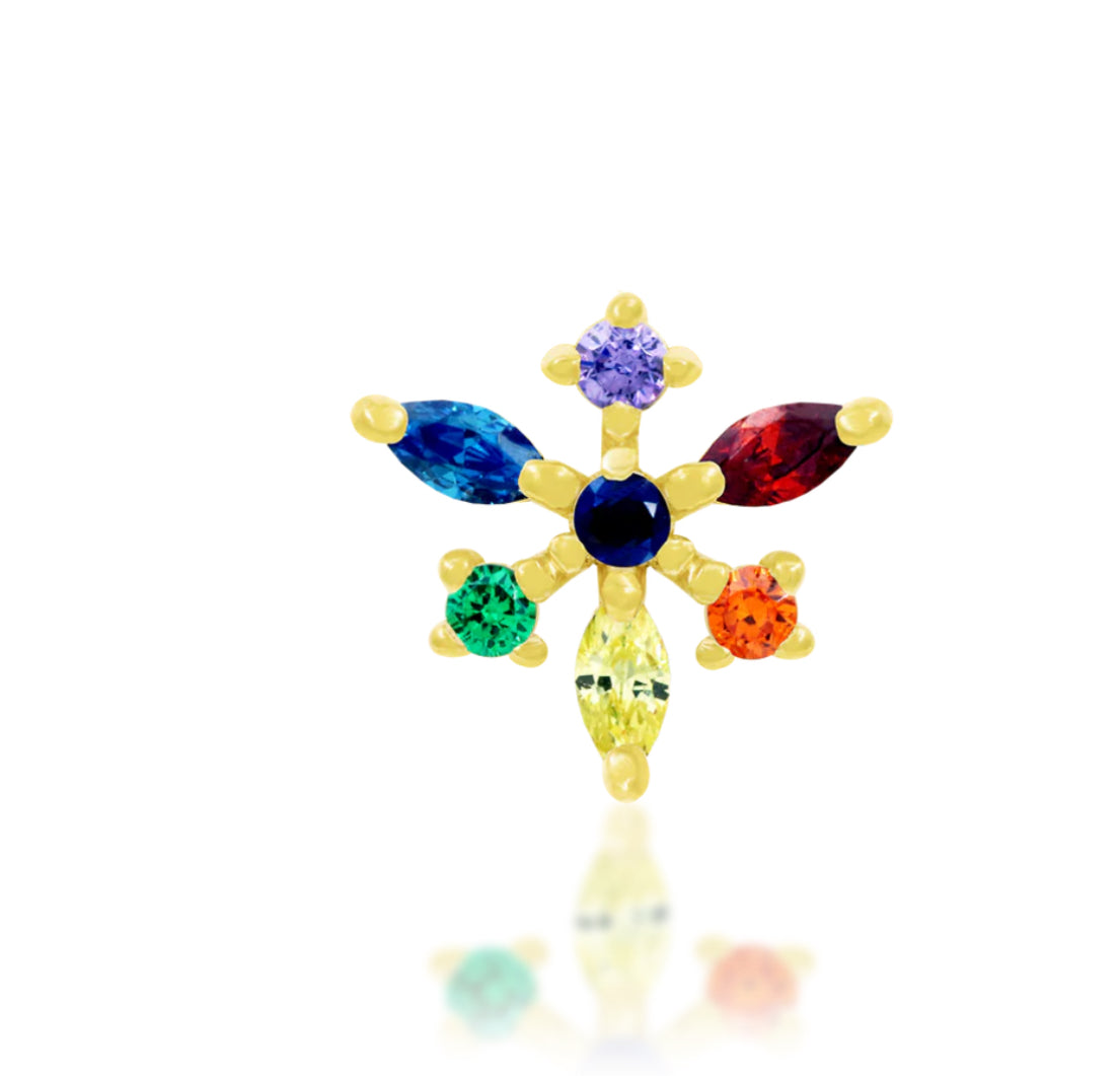 Junipurr Laverne solid 14k gold curved Rainbow CZ threadless decorative end, product view.