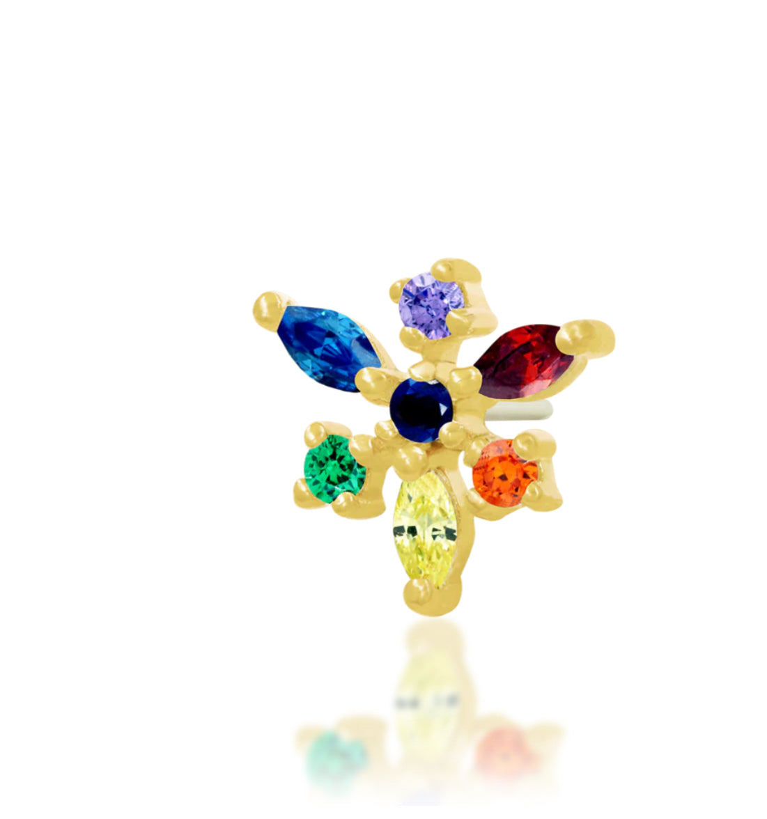 Junipurr Laverne solid 14k gold Rainbow CZ curved decorative end, product view.
