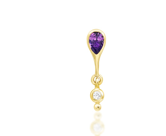 Junipurr Leilani solid 14k gold Amethyst CZ and White CZ dangle threadless end, product view.