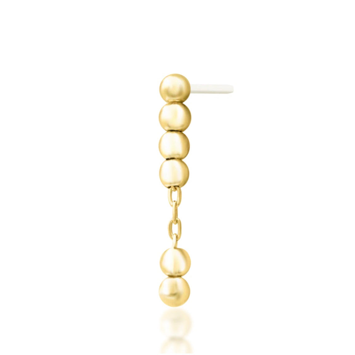 Angled view of Junipurr Lennon chain threadless end in 14k yellow gold featuring interconnected bead detailing.