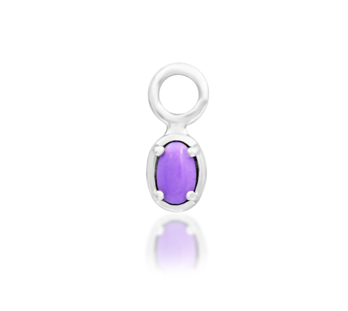 Junipurr Lennox solid 14k white gold charm with an oval purple turquoise gemstone, front product view.