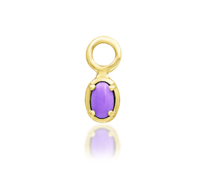 Junipurr Lennox solid 14k yellow gold charm with an oval purple turquoise gemstone, front product view.