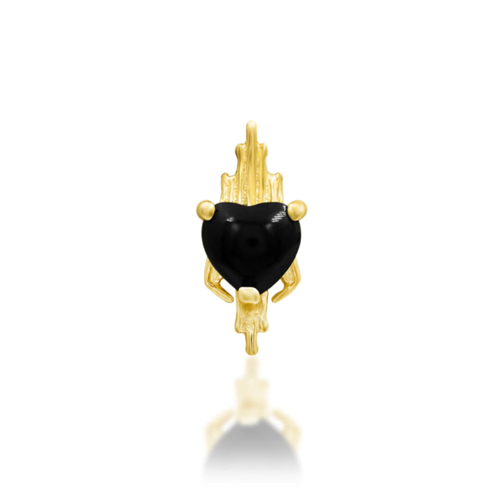     Junipurr Lilith black onyx heart earring framed by polished yellow gold flames