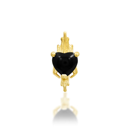     Junipurr Lilith black onyx heart earring framed by polished yellow gold flames