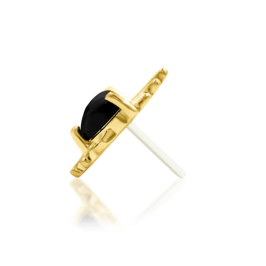     Angled view of Junipurr Lilith showing its elongated gold flame design
