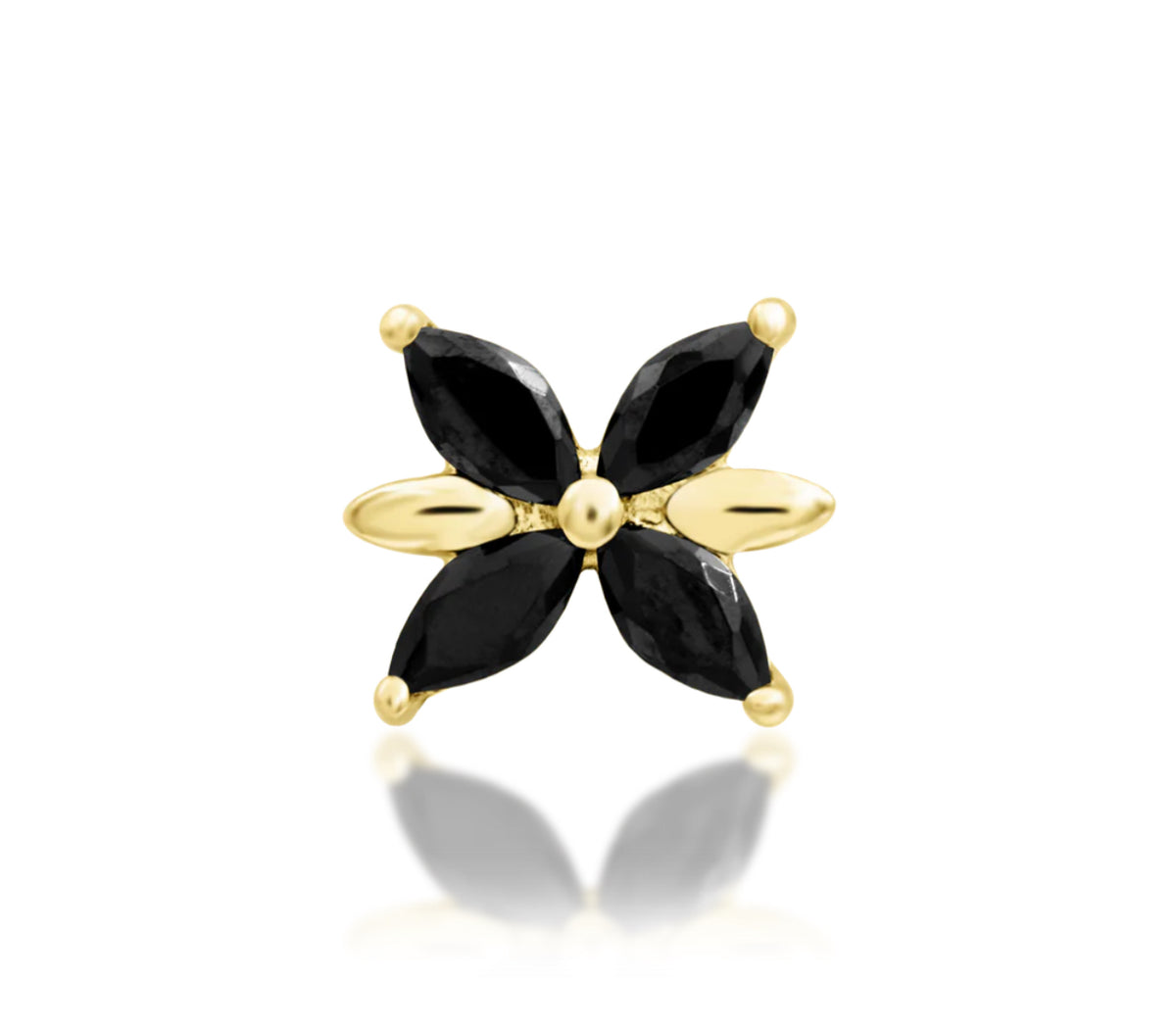 Junipurr Lilliana solid 14k gold floral threadless end with Black CZ, product view.
