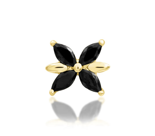 Junipurr Lilliana solid 14k gold floral threadless end with Black CZ, product view.