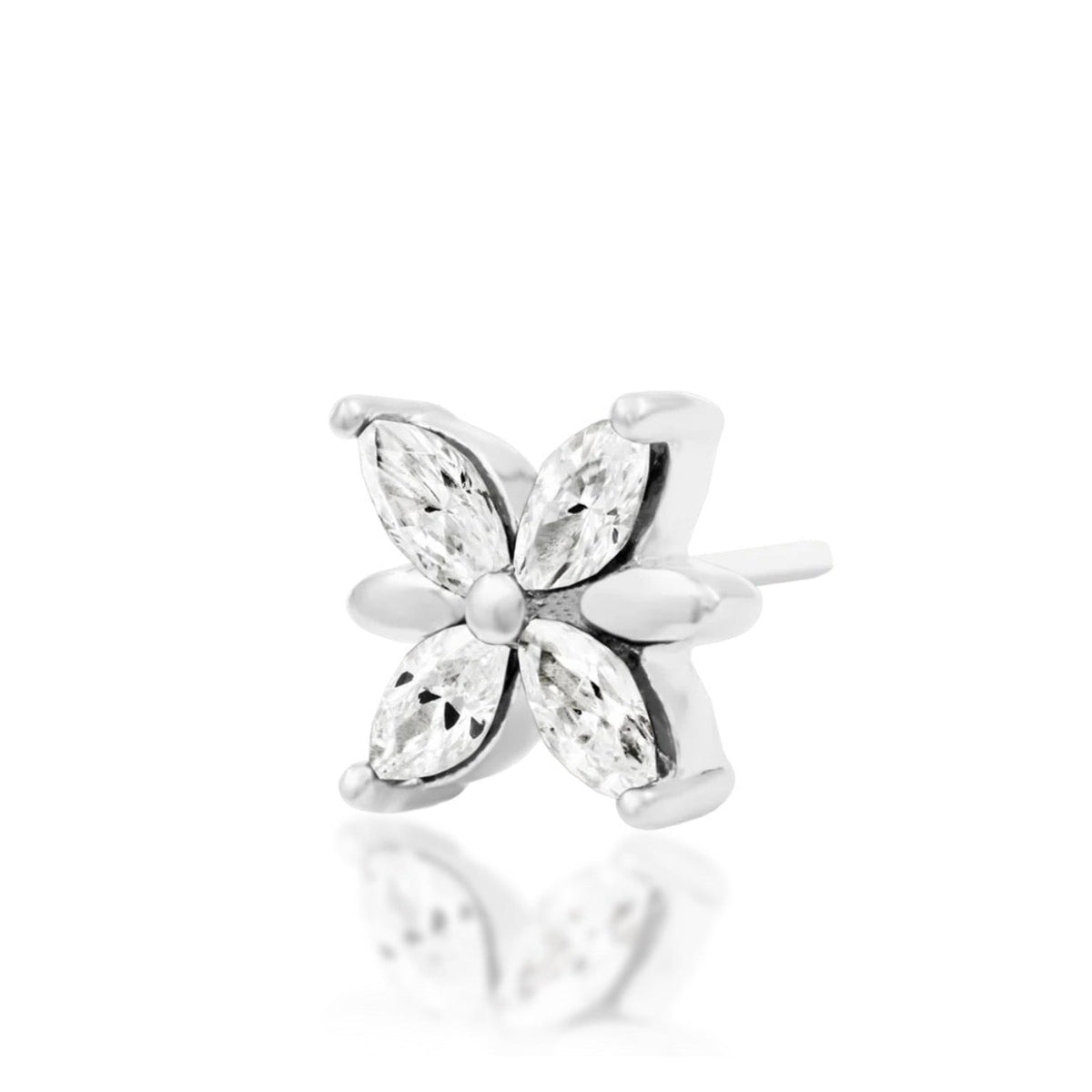 Junipurr Lilliana solid 14k white gold White CZ flower threadless end, angled view.