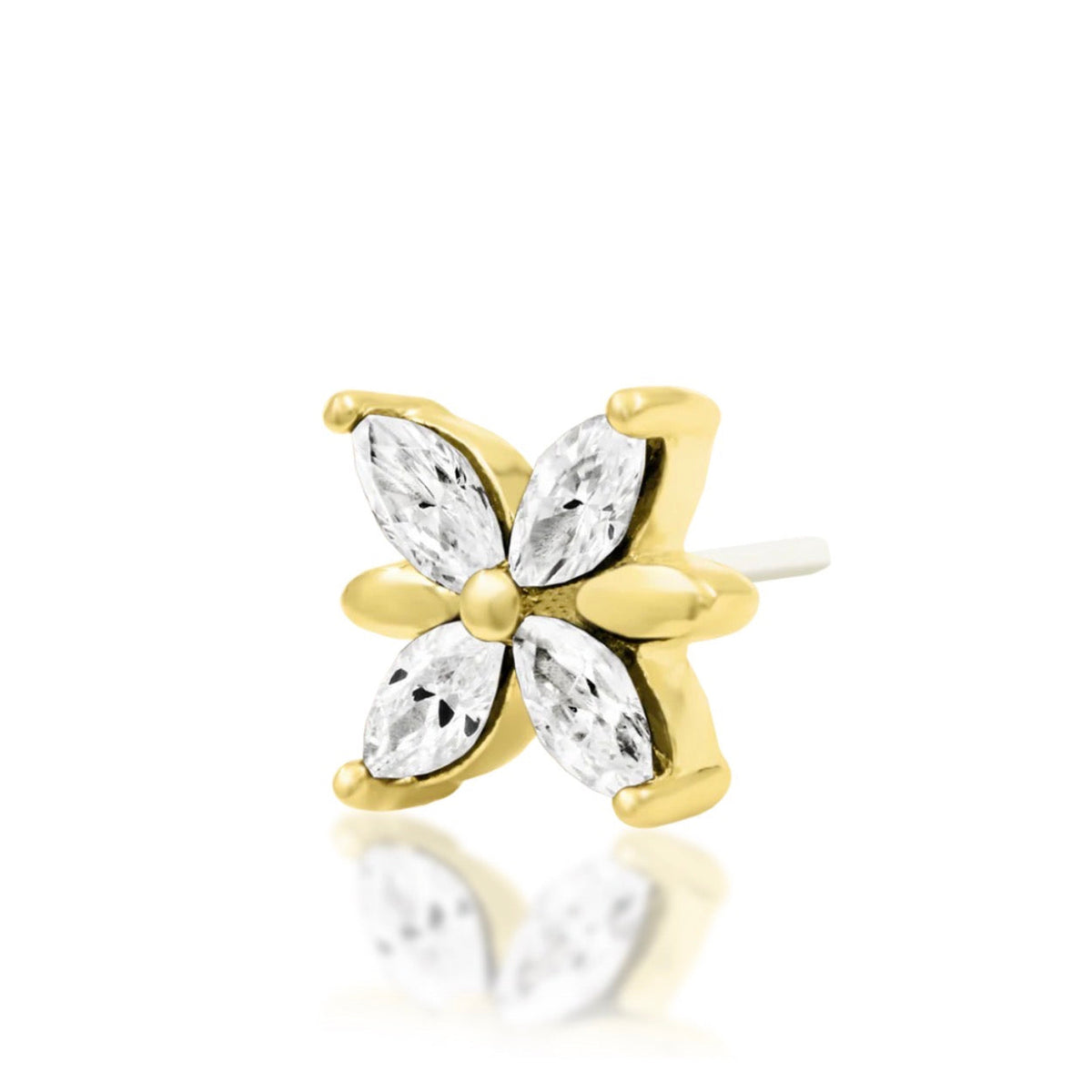 Junipurr Lilliana solid 14k yellow gold White CZ flower threadless end, angled view.