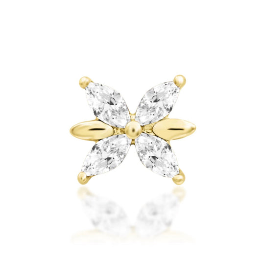 Junipurr Lilliana solid 14k yellow gold floral threadless end with four White CZ stones, front view.