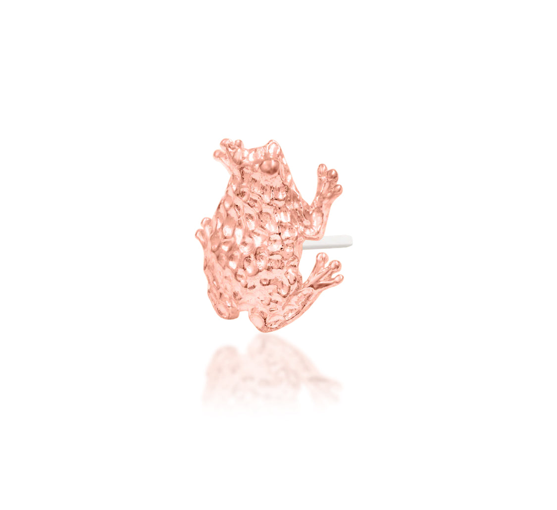 Junipurr Lord Hops solid 14k rose gold three-dimensional toad threadless end, angled view.