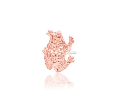 Junipurr Lord Hops solid 14k rose gold three-dimensional toad threadless end, angled view.