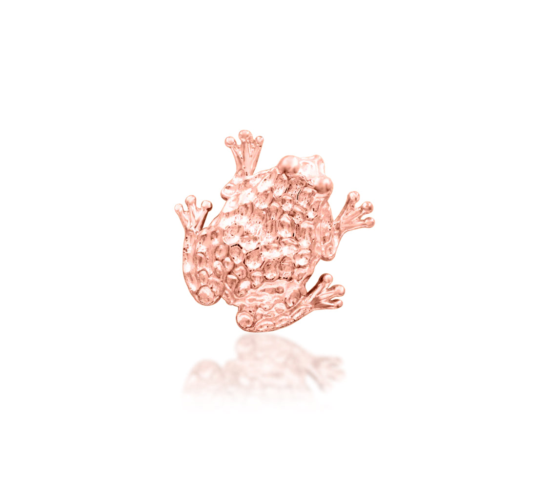 Junipurr Lord Hops solid 14k rose gold three-dimensional toad threadless end, front view.