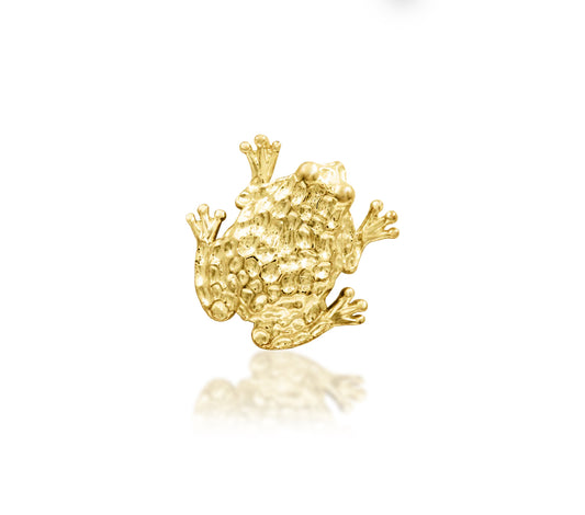 Junipurr Lord Hops solid 14k yellow gold three-dimensional toad threadless end, front view.