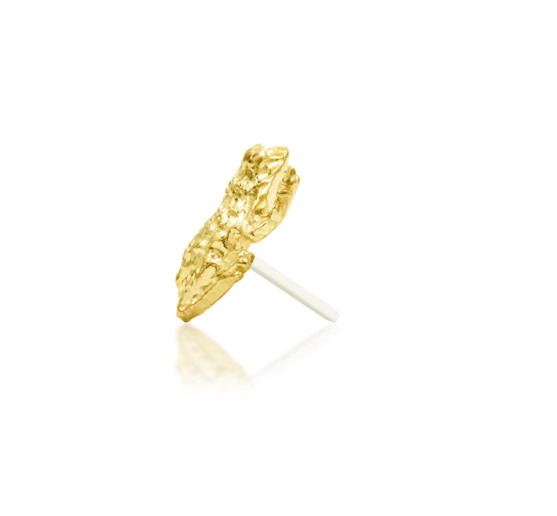 Junipurr Lord Hops solid 14k yellow gold three-dimensional toad threadless end, side profile.