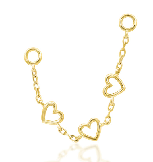 Junipurr Lots of Love solid 14k gold triple-heart piercing chain.
