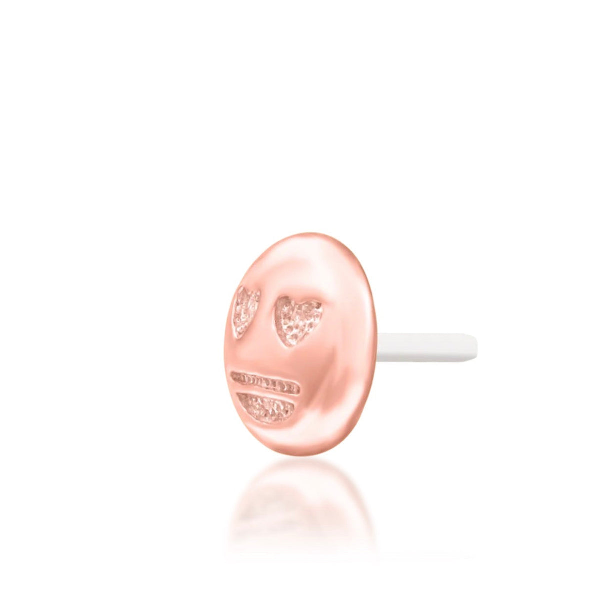 Junipurr Love @ First Sight solid 14k rose gold heart-eyes emoji threadless end, angled view.