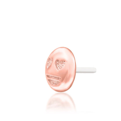 Junipurr Love @ First Sight solid 14k rose gold heart-eyes emoji threadless end, angled view.