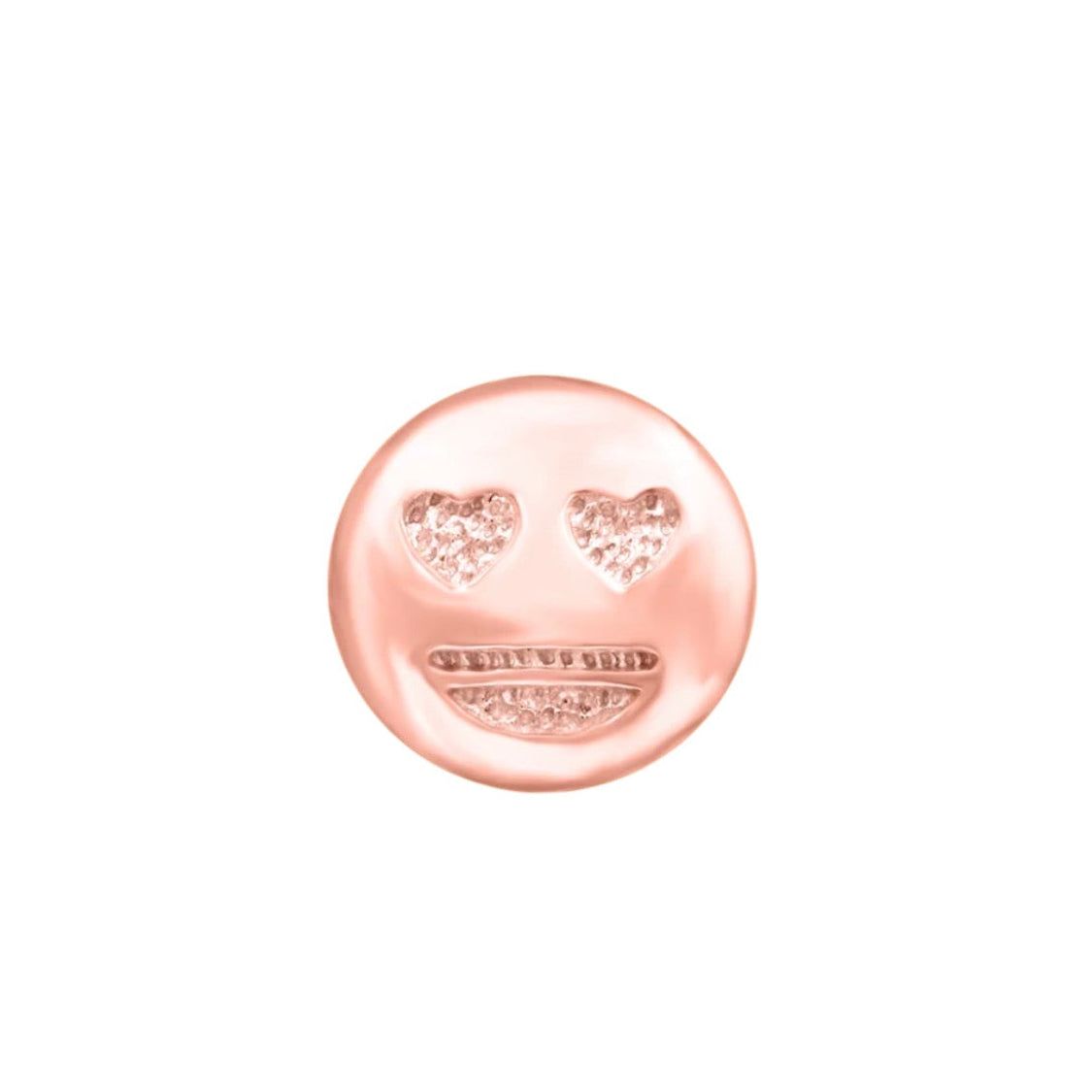 Junipurr Love @ First Sight solid 14k rose gold heart-eyes emoji threadless end, front view.