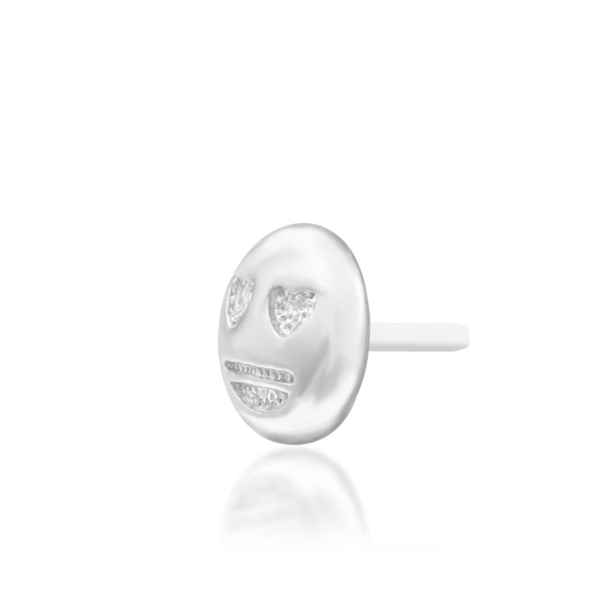 Junipurr Love @ First Sight solid 14k white gold heart-eyes emoji threadless end, angled view.