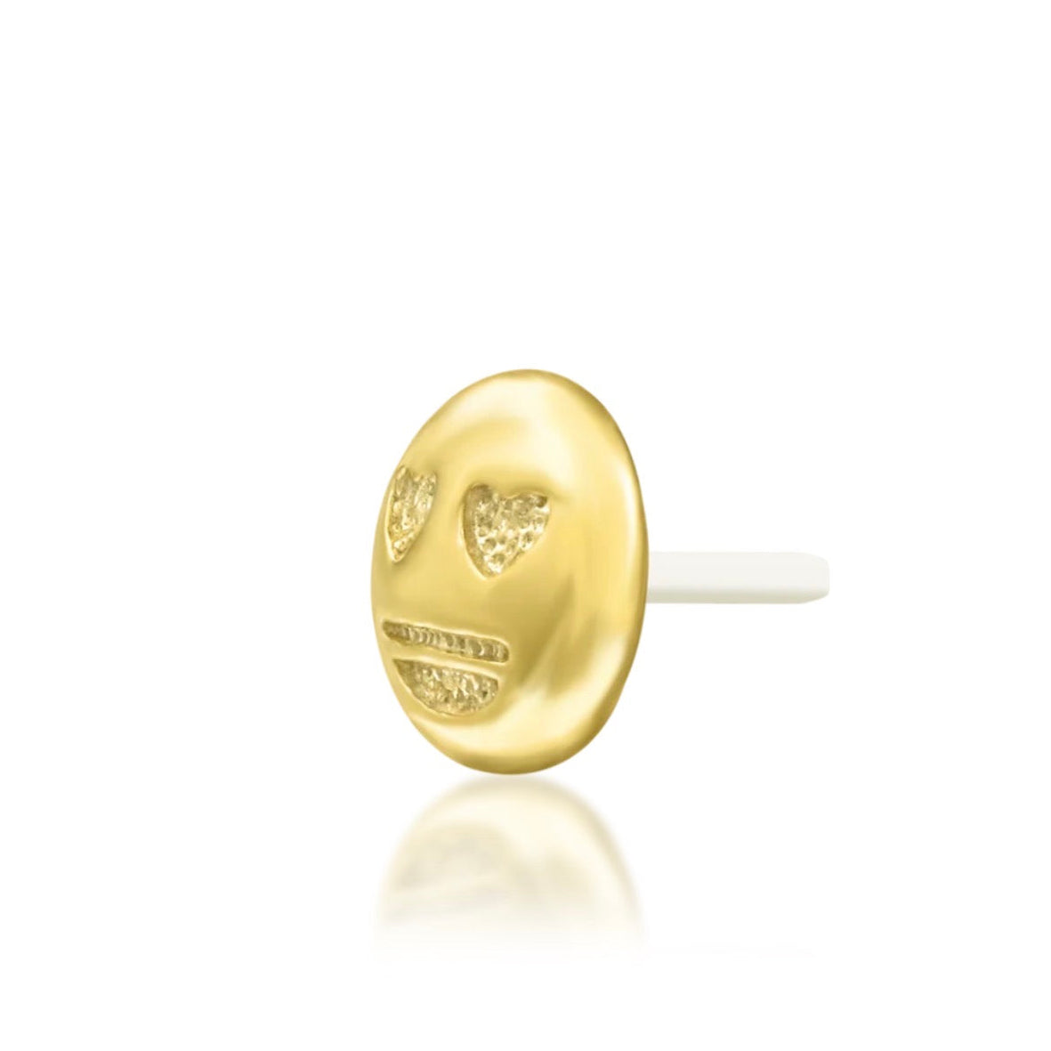 Junipurr Love @ First Sight solid 14k yellow gold heart-eyes emoji threadless end, angled view.