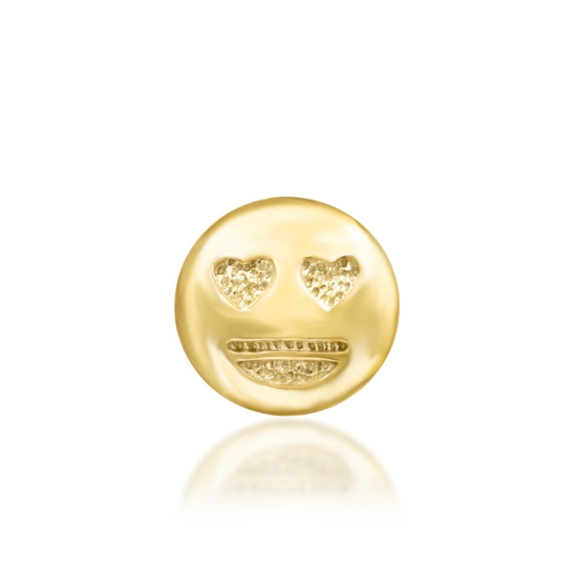 Junipurr Love @ First Sight solid 14k yellow gold heart-eyes emoji threadless end, front view.