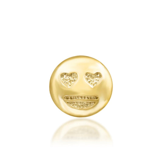 Junipurr Love @ First Sight solid 14k yellow gold heart-eyes emoji threadless end, front view.