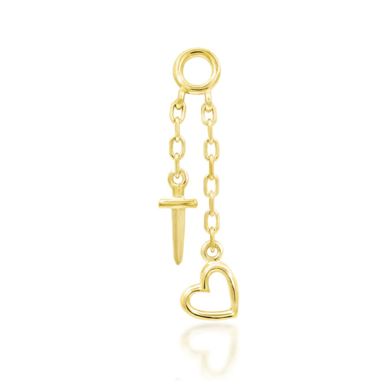 Junipurr Love Hurts solid 14k gold heart and dagger piercing charm.