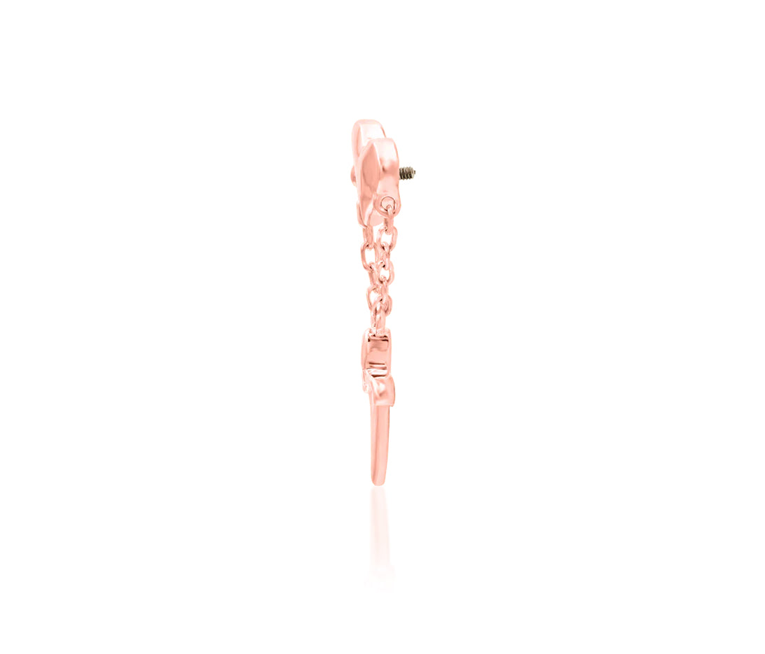 Junipurr Love Story solid 14k rose gold 14G internally threaded decorative end, product view.