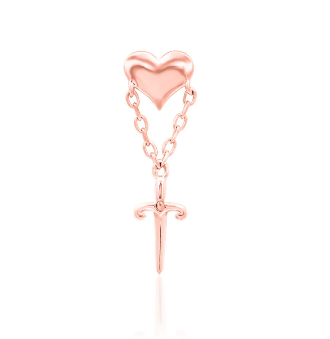 Junipurr Love Story solid 14k rose gold 14G internally threaded decorative end, side profile.