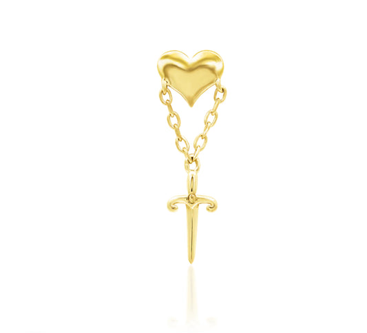 Junipurr Love Story solid 14k yellow gold 14G internally threaded decorative end, front view.