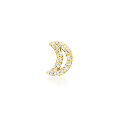 Junipurr Lunar crescent moon cartilage earring in solid 14k yellow gold with fifteen white CZ stones