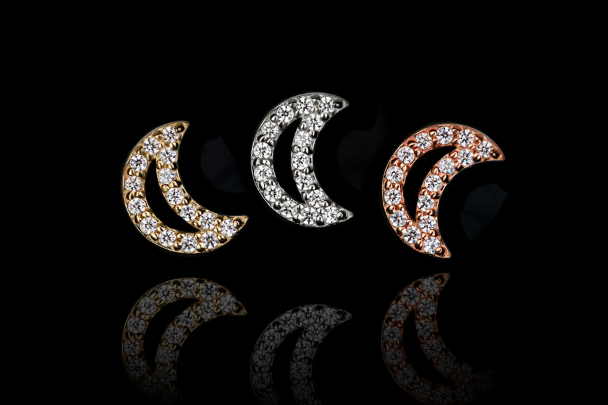 Junipurr Lunar crescent moon threadless end in solid 14k yellow and white gold with White CZ