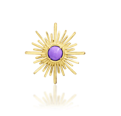 Junipurr Lux solid 14k gold threadless decorative end with synthetic Purple Turquoise, product view.
