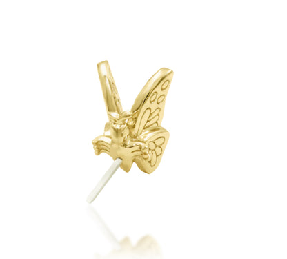 Junipurr Madam Butterfly solid 14k yellow gold butterfly-inspired threadless end, shown from the front angle.