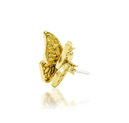 Junipurr Madam Butterfly solid 14k yellow gold threadless end, showing the raised engraved wings from the rear angle.
